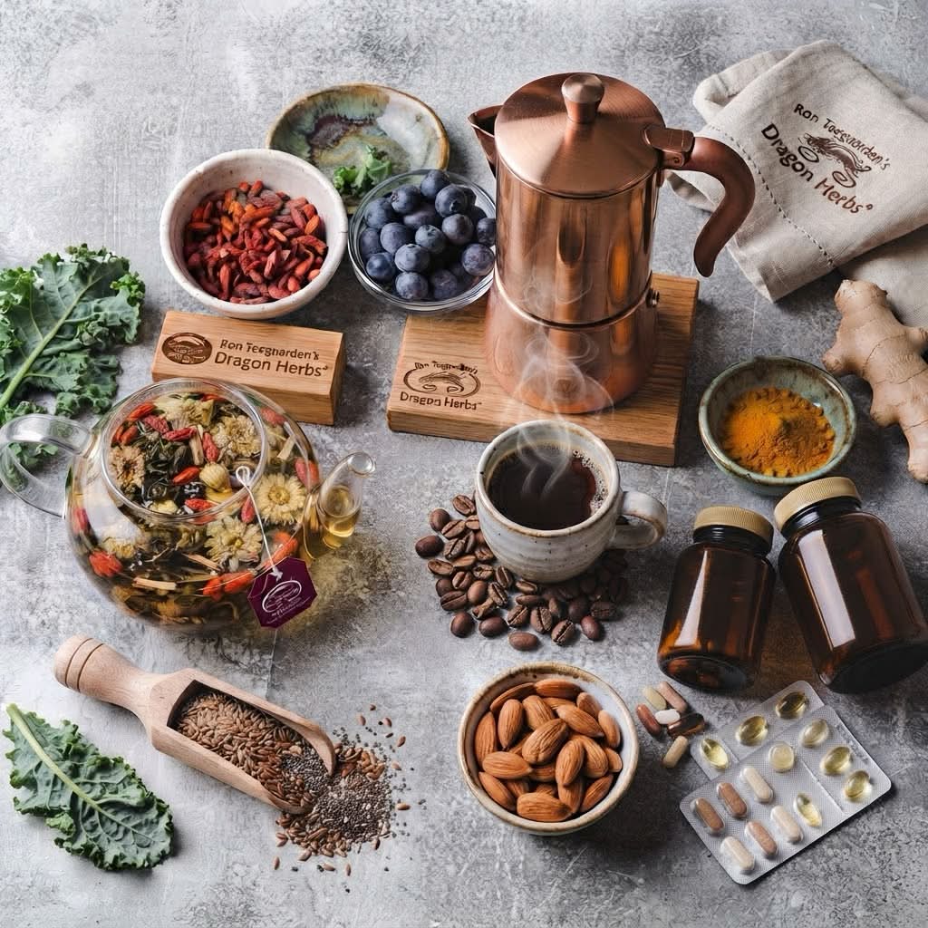 Herbs, teas, coffee and supplements on a stone table